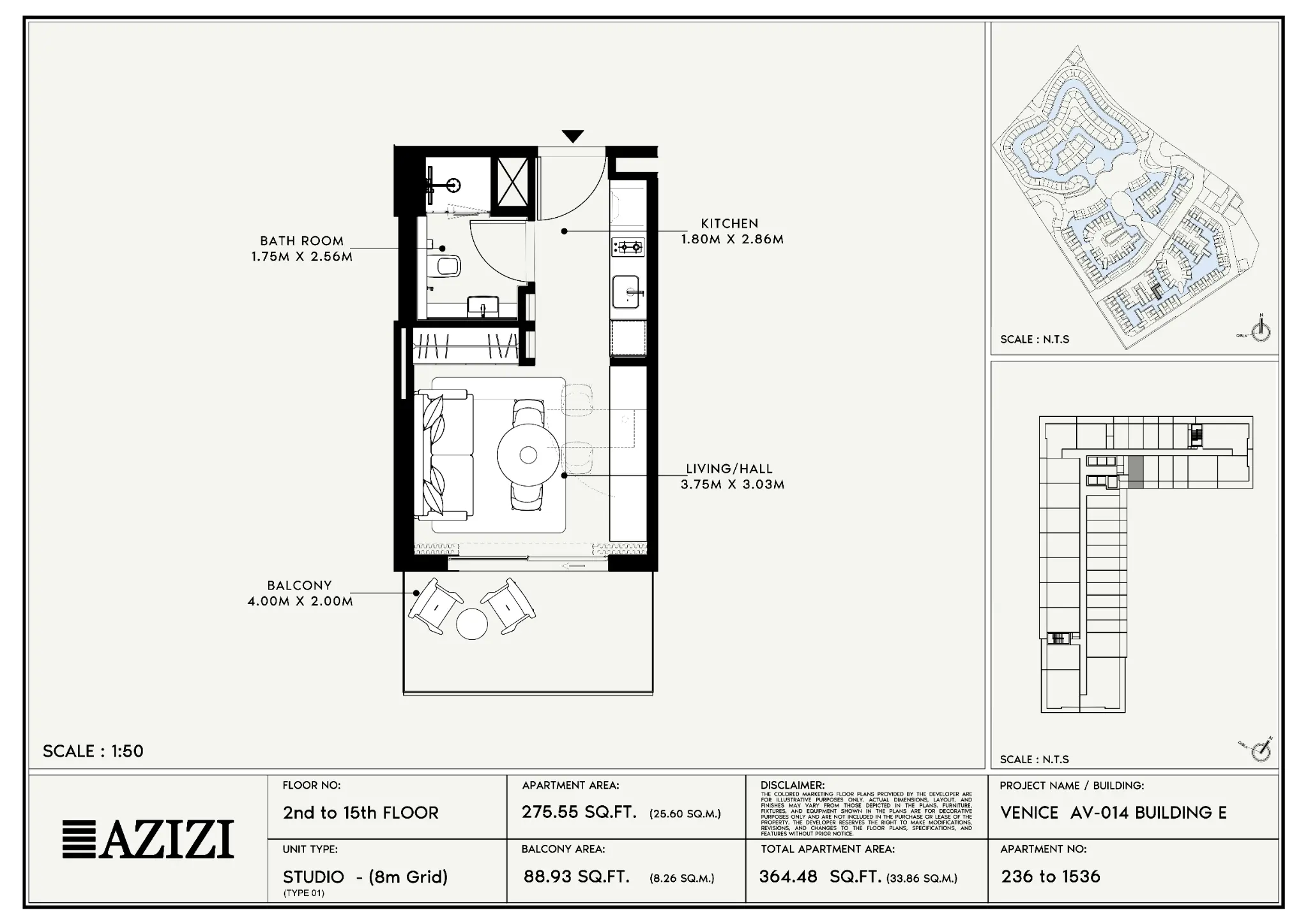 Studio Apartment in Azizi Venice in Azizi Venice, Dubai South - view 14 showing studio with studio layout, 334 sq ft