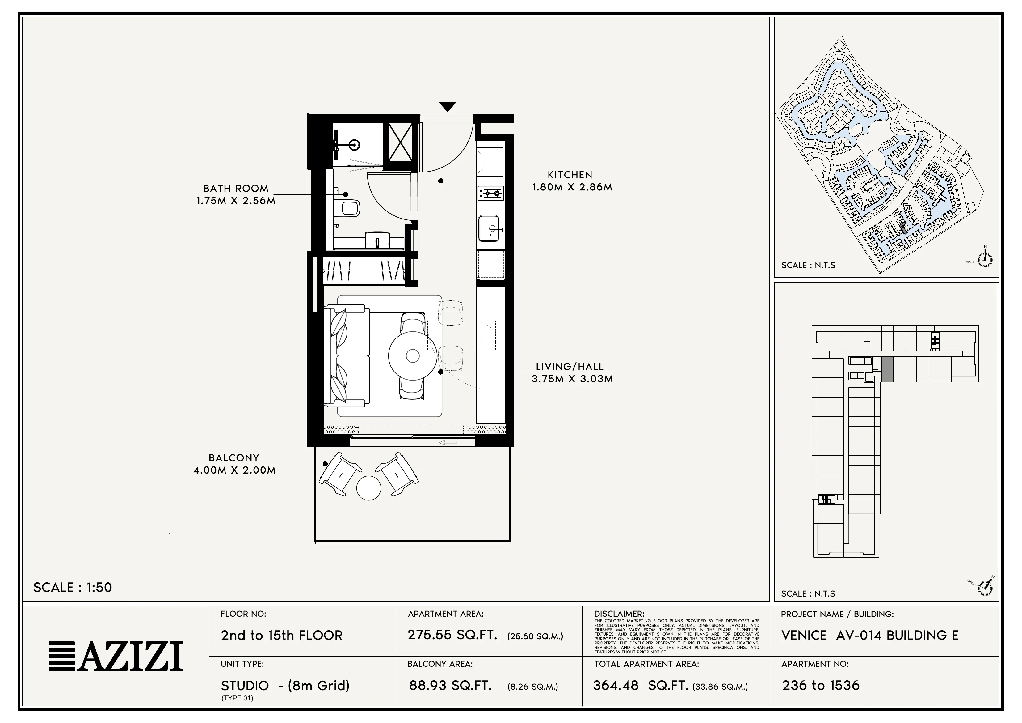 Detailed floor plan for Studio Apartment in Azizi Venice in Azizi Venice, Dubai South - studio layout showing studio layout with 1 bathroom, 334 sq ft total area